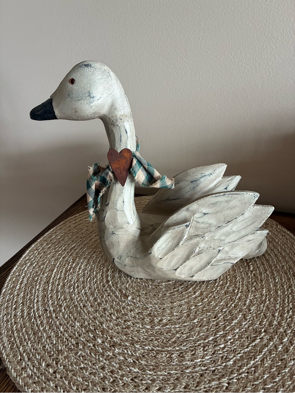 Folk Art Decorative Swan Figurine with Heart Accent